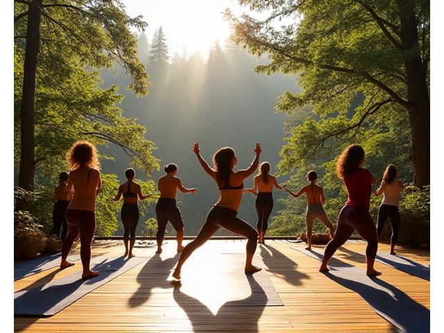 Yoga instructor leading a gentle outdoor yoga session on a wooden deck overlooking a lush, temperate rainforest in Victoria, with participants in diverse poses.